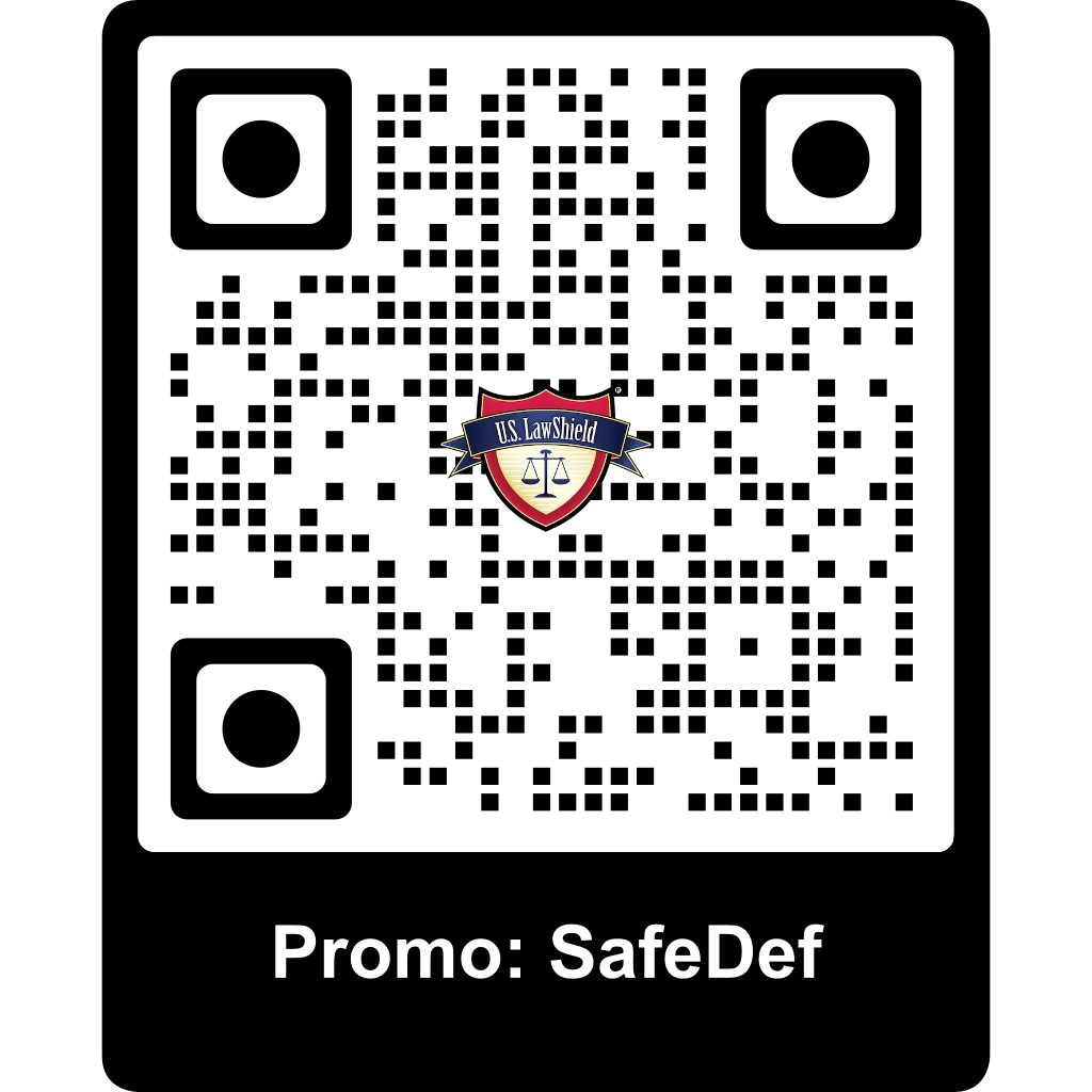 U.S. LawShield free 30-day trial QR code — promo code SafeDef